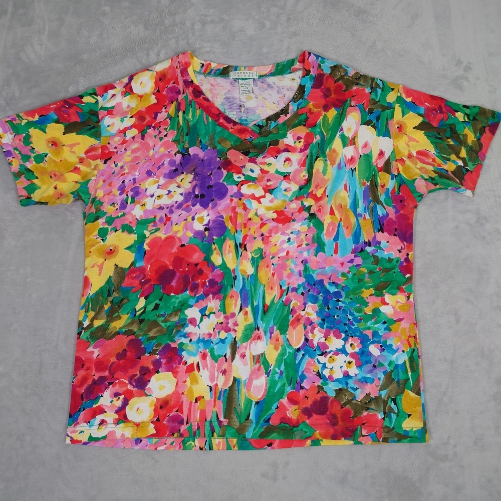 Vintage Express Tricot 90s AOP T-Shirt Mens L Tulip Art Watercolor Multi Floral